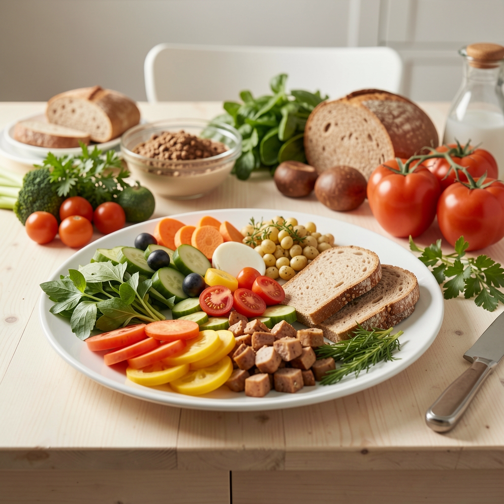 Frisch zubereitete ausgewogene Mahlzeit auf einem hellen Holztisch mit Gemüse, Vollkornprodukten und frischen Kräutern
