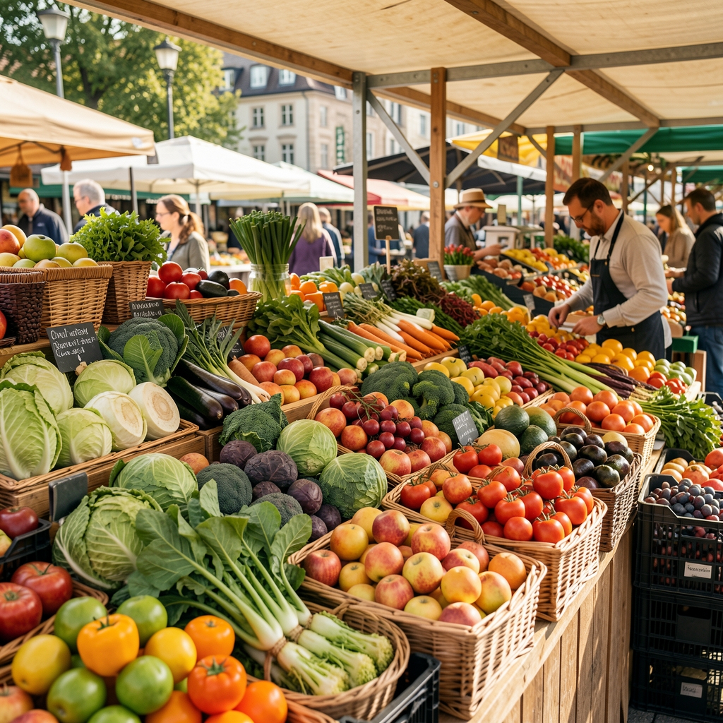 Marktstand mit frischem saisonalen Gemüse und Obst in einem Schweizer Wochenmarkt, lebhafte Farben und natürliche Arrangements