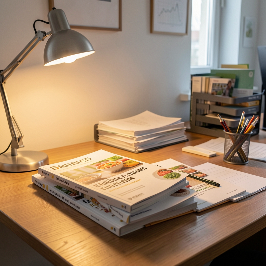 Stapel Ernährungspublikationen und Fachzeitschriften auf einem Schreibtisch unter warmem Lampenlicht, geordneter Forschungsarbeitsplatz