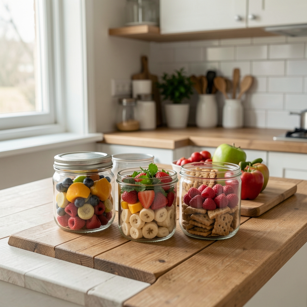 Aufgeräumter Küchenarbeitsbereich mit frisch zubereiteten gesunden Snacks in Glasdosen, natürliches Licht von der Seite